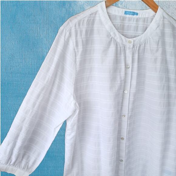 J. McLaughlin White Collarless Button Down Top Size XL Textured Stripe - Picture 2 of 9